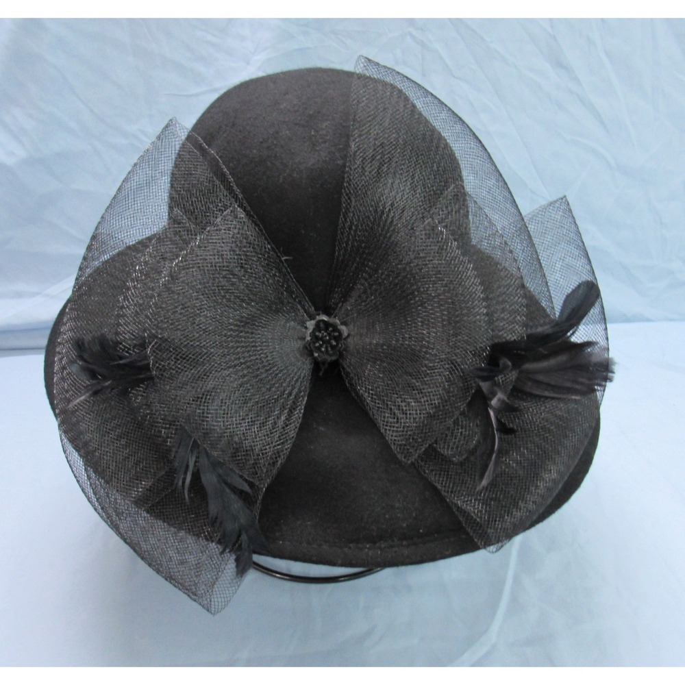 VTG Black Wool Felt LARGE TULLE BOW Feathers/Beads MUSHROOM CLOCHE HAT Derby